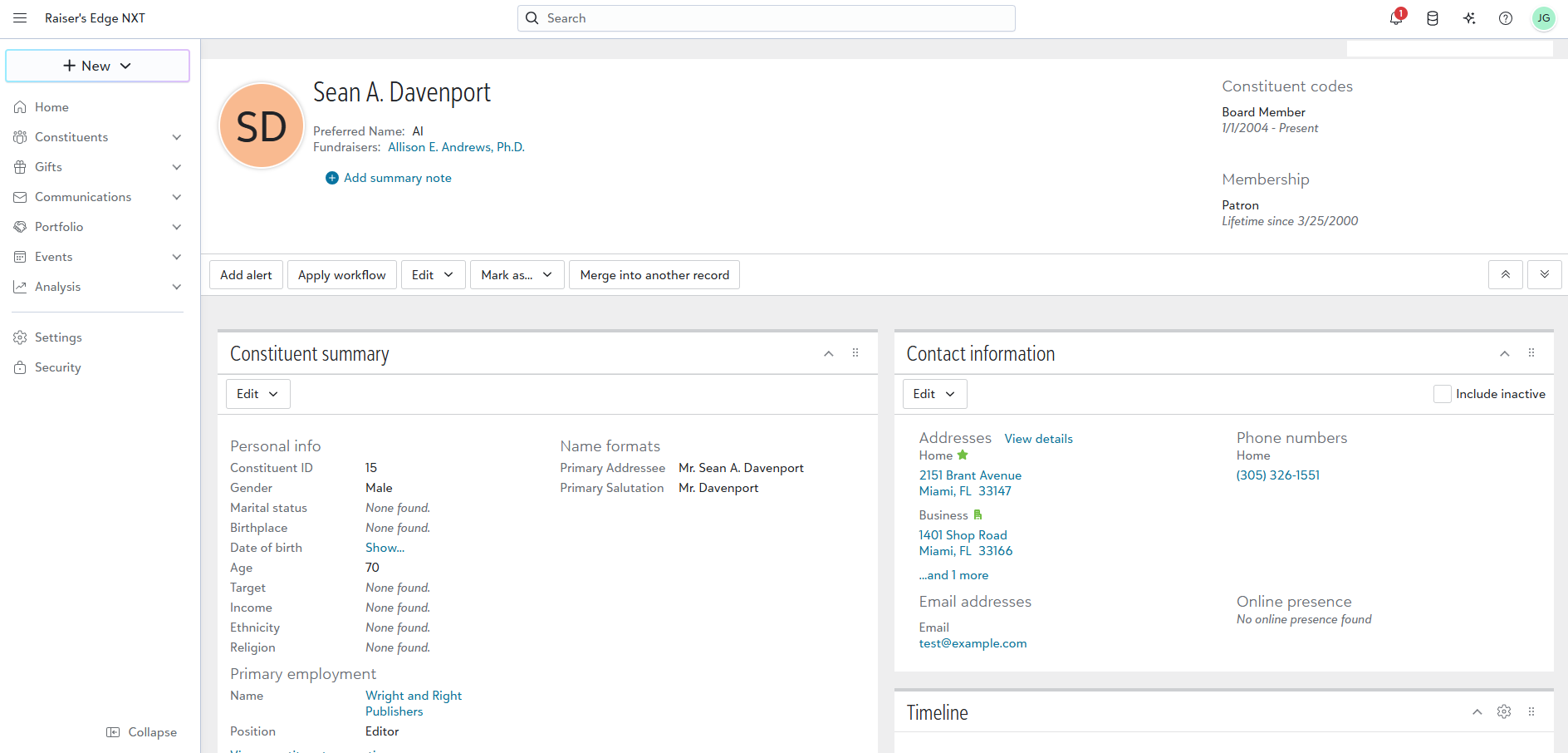 Example of a constituent record in Raiser’s Edge NXT